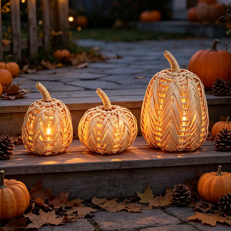 Natural woven pumpkins lit with warm LED light outdoors