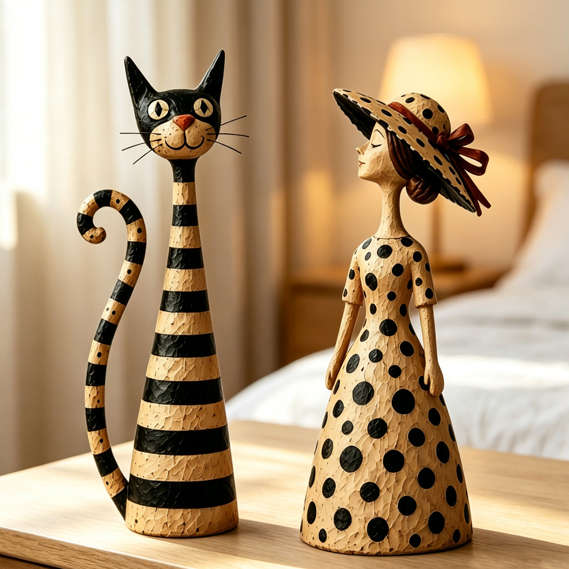 Vintage cat and lady figurines styled on a tabletop