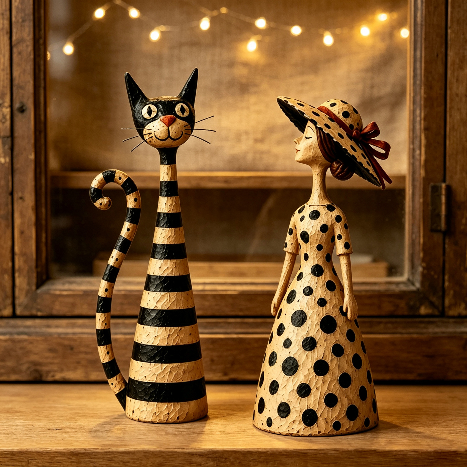 Vintage cat and lady figurines in a warm retail display